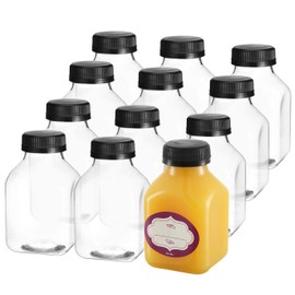 DilaBee Plastic Juice Bottles with Caps - 12 Pack 8oz Small Reusable Water Bottles with Lids for Juicing - Clear Mini Drink Containers for Fridge with Black Tamper Evident Seal
