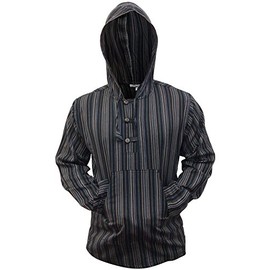 Shopoholic Fashion Mens Striped Hooded Grandad Shirt (2XL,Black)