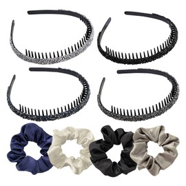 4-Piece Rhinestone Headband and 4-Piece Hair Rings, Shiny Headbands, Elee Headbands, Fashionable Headbands, Hairstyle Decorations, Non-Slip Hair Bands