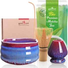 Matcha Tea Set: Ceremonial Bowl with Whisk, Scoop and 30g Organic Matcha Tea from Japan (Akai)