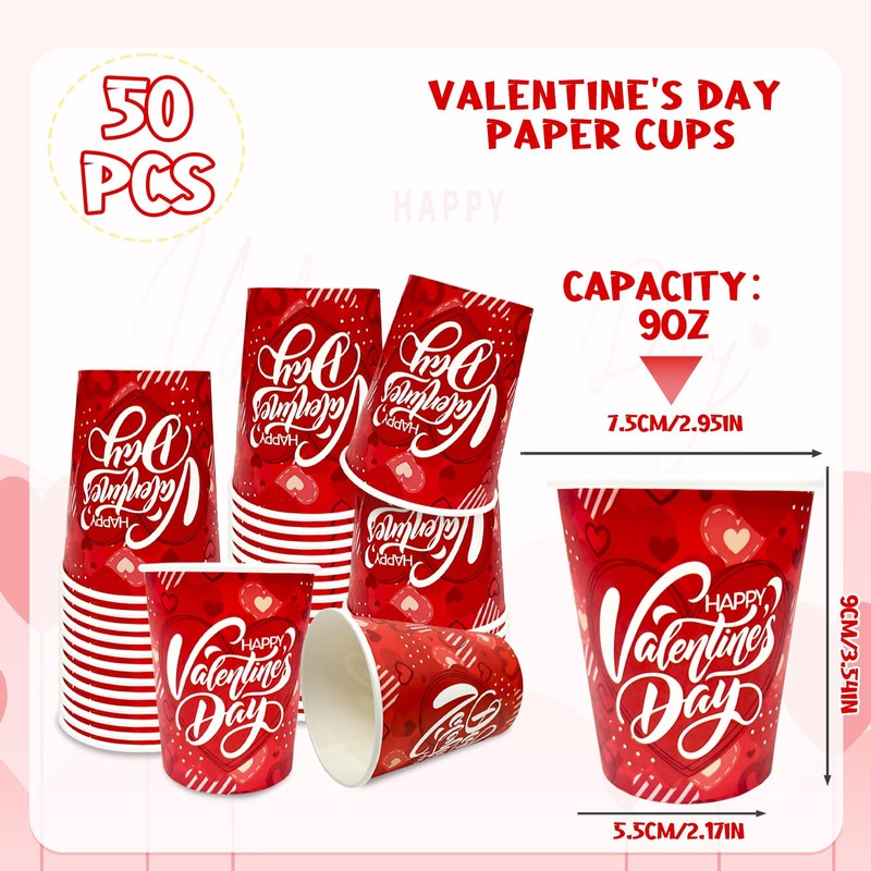 50 PCS Valentines Paper Cups 9oz Red Heart Design Disposable
