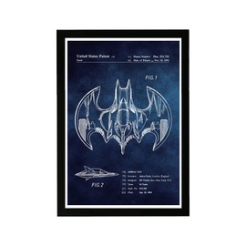 Wynwood Studio TV Framed Wall Art Prints 'Aerial Bat Toy Chalkboard' Movies Home Décor, 13" x 19", Blue, White