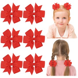 Choicbaby 3 Inches Hair Bows for Girls Red Grosgrain Ribbon Pinwheel Hair Bows Clips Toddler Bows Hair Clips for Birthday Baby Shower Gifts 6 Pack Photo Props