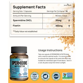 Spermidine & Fisetin Supplement - 20mg of 98% Spermidine 3HCL (100x More Potent Than Rice & Wheat Germ Extract) & 300mg Fisetin for Women & Men Cell Renewal, Aging Defense & Longevity - 30 Capsules