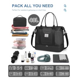 BAGAIL BAGAIL Travel Duffel Bag - Weekender, Overnight Gym Carry On Tote with Wet Pocket, Hospital Mom Bag for Labor and Delivery - Extra Large, Black