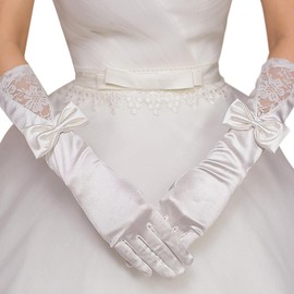 aoozleny 15 Inches Wedding Satin Gloves White Glove Long Bow Gloves for Bridal and Women, 1920s Party Accessories for Girls