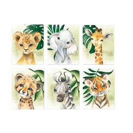 6 Posters Animals Children Pictures Giraffe Zebra Tiger Lion Elephant Leopard Tropical Leaves Forest Animals Decoration Baby Boy Girl A4 (21 x 30 cm) without Frame
