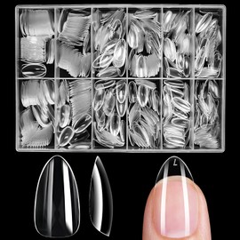 LoveOurHome 600pc Medium Almond Gel x Nail Tips Clear Fake Nail Tips Almond Nail Tips Full Cover Soft Gel Nails Short Stiletto False Nail Gel X Tip for Gel Acrylic Nails Extension Press Nail Making