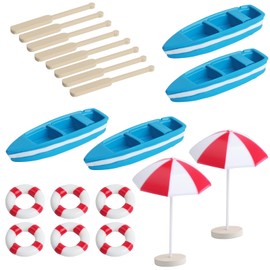 4 Sets of Miniature Rowboat Mini Blue Boat with Red Oars Figurines Micro Landscape Life Buoy Red Beach Umbrellas Canoe Models Ocean Beach Scene Ornaments
