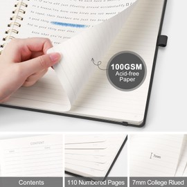 EMSHOI A4 Notebook Lined Journal, 100 GSM, PU Leather Hardcover, Sticky Notes, Pocket, Pen Loop, Ruler, Bookmark, 110 Pages Ruled Spiral Notepad for Women Men Writing, 21 x 28.5cm, Gray Blue