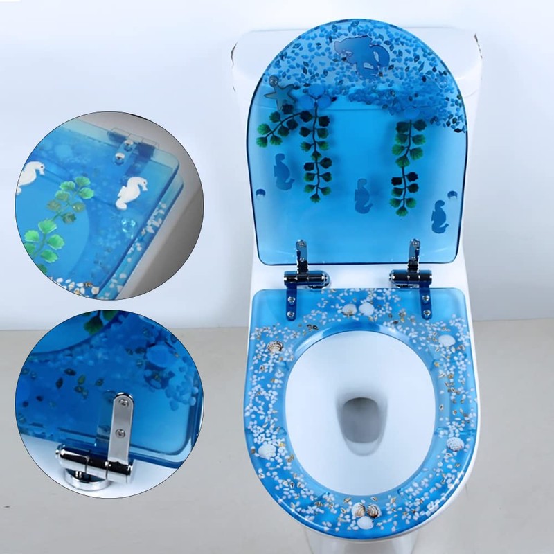 Round Ocean Resin Toilet Seat Slow Close Quick Release Metal
