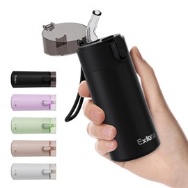 Exllena Small Water Bottle 150ml with Straw - Small Flask with One-Hand Open Design, Leak-Proof Locking Lid, 4-6 Hours Hot/Cold Retention and Portable for Coffee, Milk, or Any Beverage(Black)