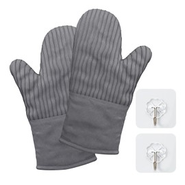 A Pair of Gray Gloves, 2 Pieces of Hooks, Dotted Striped Gloves, Kitchen Gloves, Thickened Cotton Gloves, Non-slip and High Temperature Resistant
