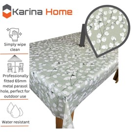 Karina Home Outdoor Garden Tablecloth with Parasol Umbrella Hole Sage Green Leaf Wipe Clean 200cm x 140cm