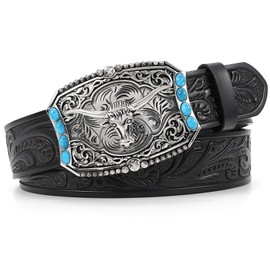 SANSTHS Cowboy Belt for Men Women Western Buckle Belt Cowboy Cowgirl Embossed Leather Belt for Jeans Christmas Gifts Belts, Silver Buckle Black
