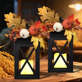 Fall Lanterns Decorative Indoor Outdoor, 2 Pack Black Metal Thanksgiving Lantern, 14.56 Inch Timer Harvest Autumn Candle Rings Flameless Lights with Pumpkin and Maple Leaf for Home, Farmhouse Decor