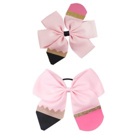 School Bow Cheer Bow Clip, Back to School Hair Bows Ponytail Holder, Pencil Girls Hairs Clips ZFJ26 (Pink Set)
