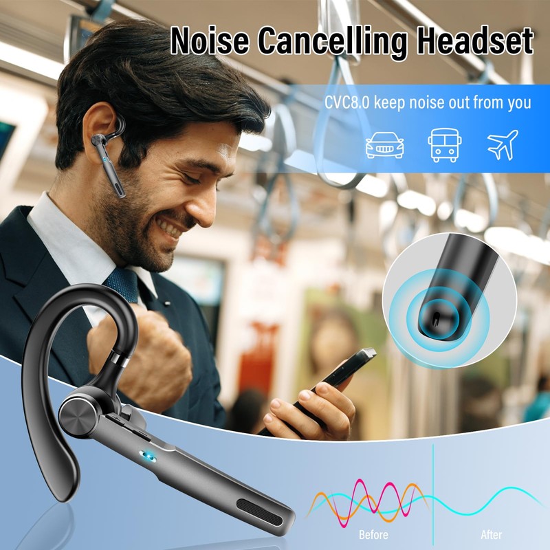 Bluetooth Headset, 2026 Wireless Bluetooth 5.3 Earpiece, 60 Hours Single-Ear
