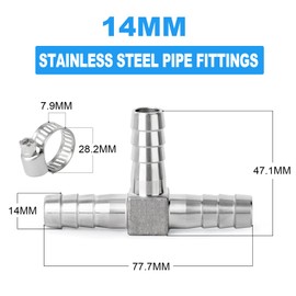 ERGAOBOY 2 Pcs 14 mm Stainless Steel Hose Nozzle Tee, 3-Way T-Shape SUS 304 Hose Fittings with 6-Piece Clamps