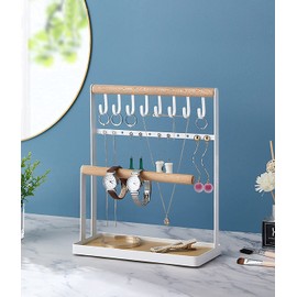 Thrarise Jewellery Display Stand Necklace Stand with Tray for Necklace Bracelet Ring Watch Jewelry All Kinds Iron Stand Wooden Bars White