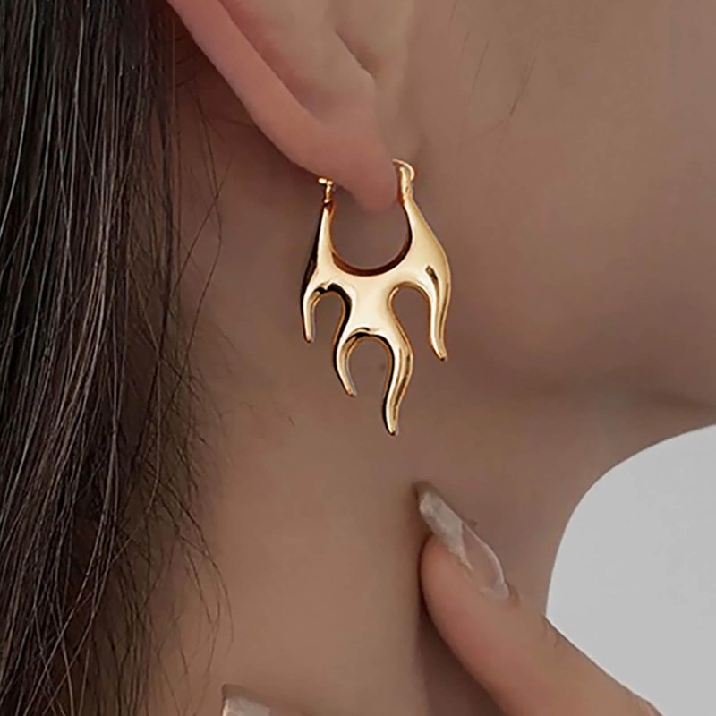 Cybche Punk Flame Hoop Huggie Earrings Gold Fire Flame Drop