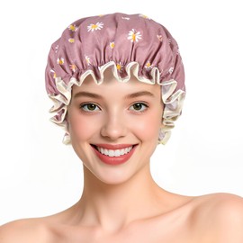 Waterproof Shower Caps for Women, Pattern And Solid Color Dual-Layer Design For Dual-Layer Usable, Protects Hair In Shower, Spa, Cooking, Clean & Travel (Daisy Deep Pink)