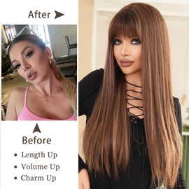 PARK YUN Brown Blonde Highlights Wig with Bangs 28 Inch Synthetic Heat Resistant Wig Natural Looking Wigs for women Daily Party Used.