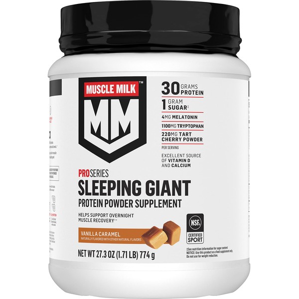 Muscle Milk Pro Series Sleeping Giant Protein Powder Supplement, Vanilla Caramel, 1.71 Pound, 18 Servings, 30g Protein, Overnight Muscle Recovery, 1g Sugar, Melatonin, Tryptophan, Packaging May Vary