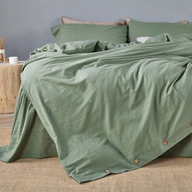 JELLYMONI Green 100% Washed Cotton Duvet Cover Set, 2 Piece Luxury Soft Bedding Set with Buttons Closure. Solid Color Pattern Duvet Cover(1 Duvet Cover, 1 Pillowcase)