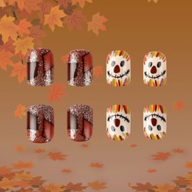 24 Pcs Glitter Press on Nails Short Square Fall Fake Nails Thanksgiving False Nails with Cute Scarecrow Design Acrylic Nails Orange Glitter Press ons Reusable Glue on Nails for Women