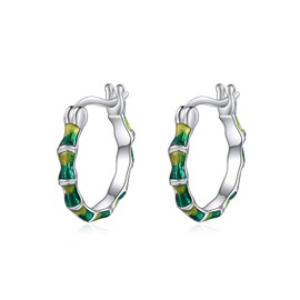 Bamboo Hoop Earrings Sterling Silver Small Huggies Green Bamboo Jewelry for Women 16mm (Green Bamboo Hoop)