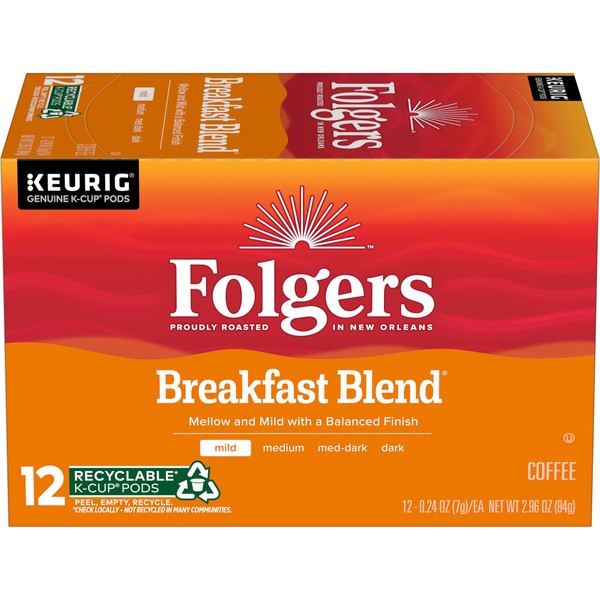 Folgers Breakfast Blend Mild Roast Coffee, 12 Keurig K-Cup Pods