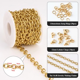 YOUBEIYEE 16.4 Feet Stainless Steel Cable Chains Bulk Gold Plated Cross Link Chain Necklace DIY Jewelry Making Supplies