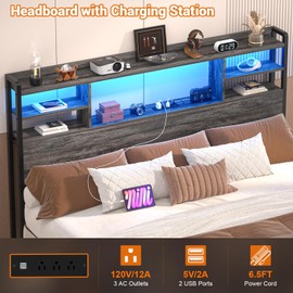 Aheaplus Headboard for Queen Size Bed with Storage, Headboards with LED Light, Power Outlets, USB Ports Queen Size Head Board, Wood headboard Only Sturdy and Stable Headboards, Modern, Black Oak
