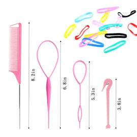 Xinfox Topsy Tail Hair Tools, 208pcs Hair Styling Tools, 2pcs Rat Tail Comb 4pcs French Braiding Tool Hair Loop Styling Tool 2pcs Elastic Hair Rubber Bands Cutter, 200 Colored Children Rubber Bands for Girls