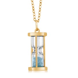 Gem Stone King 18K Yellow Gold Plated Silver Aquamarine Dust Hourglass Pendant Necklace For Women with 18 Inch Chain
