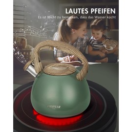 Poliviar JX2020-YB30-DE modern induction kettle, stainless steel whistling kettle, tea kettle for all hobs, whistling kettle with wood grain handle, kettle for tea and coffee, max. 3L, Flatland Green (JX2020-SB30-DE)