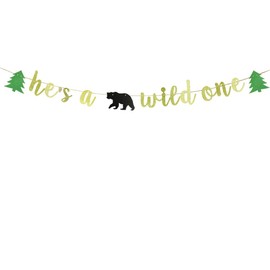JENSENLIN He's a Wild One Gold Glitter Banner, Woodland Bear Party Decoration with Pine Trees, Safari Theme Baby Shower Supplies.