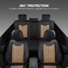 FREESOO Car Seat Cover Full Set, Leather Seat Covers Breathable Woven Universal Fit for 5 Seats Vehicle for Year Round Use Black