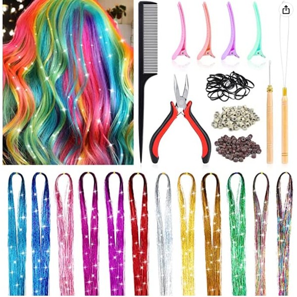 12 Colors Tinsel Hair Extensions Kit, Sparkling Multi-Colors Wig Crochet Accessories for Kids Girls Women, Heat Resistant Straight Hairpieces 2400 Strands with Tools, Rainbow Tinsel Hair for Christmas New Year Halloween Cosplay Party (120cm/48inch)