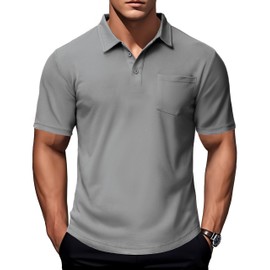 MAGCOMSEN Mens Short Sleeve Polos with Pocket Outdoor Work Lightweight Golf Shirts with 3-Button Placket Light Gray L