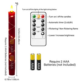 JINYANIA Flameless Taper LED Candles with Embedded Star String, Flickering Battery Operated Real Wax Candles with Remote Timer, 6pcs（0.78X9.64 Inch） for Romantic Ambiance and Home Decoration（Red）