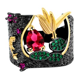 Uloveido Fashion Red Crystal Flower Black Band Rings for Women Statment Cocktail Wide Rings for Size 9 Y566