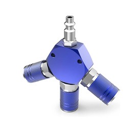 BEANPRECOY 3 Way Air Hose Splitter, Quick Connect Air Hose Splitter, Air Manifold with 3 Steel Couplers and 1/4 Male NPT Plug, Flat Hex Air Compressor Hose Accessories (Blue)