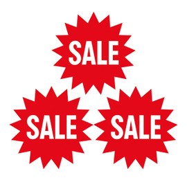 "Sale" Sticker Set 3 Pack – Bold Red Starburst Design, Large 300 mm Size, Ideal for Storefront Windows and Retail Displays