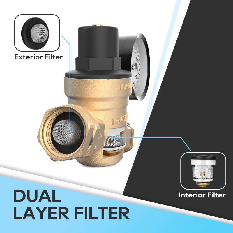 RVGUARD RV Water Pressure Regulator Valve, Brass Lead-Free Adjustable Water