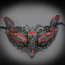Cat Woman Masquerade Mask Black M7108 Red Rhinestones & Gems