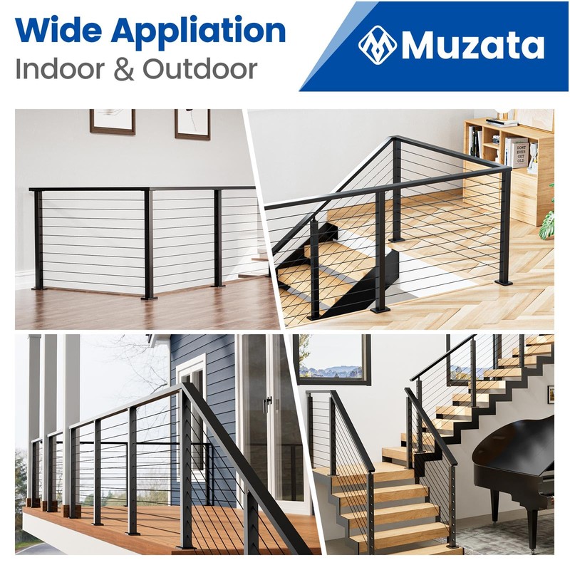 Muzata 4FT Black Cable Railing Handrail Rectangular Stainless Steel Handrail