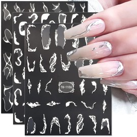 6 Sheets Metallic Silver Lines Nail Stickers,3D Wave Lines Nail Art Stickers Irregular French Line Marble Nail Decals Metal Strip Silver Nail Sticker Adhesive Stickers for Nails DIY Nail Supplies