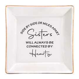 FACEINSE Ceramic Jewelry Trinket Dish for Sister, Long Distance Gifts for Sisters,Side by Side or Miles Apart, Sisters will Always be Connected by Heart, Christmas, Graduation